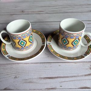 Studio Nova Aztec Southwest Vintage Set of 2 Demitasse Espresso Cups and Saucers